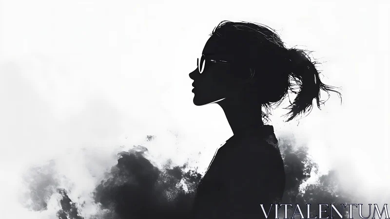 Silhouetted woman in glasses stands calm amid drifting ink clouds