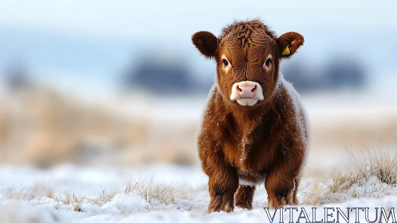 Fluffy brown calf stands in frosty open winter pasture.