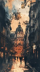 Urban street scene aligns toward distant domed building