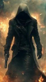 Hooded armed figure in long coat walking through fire.