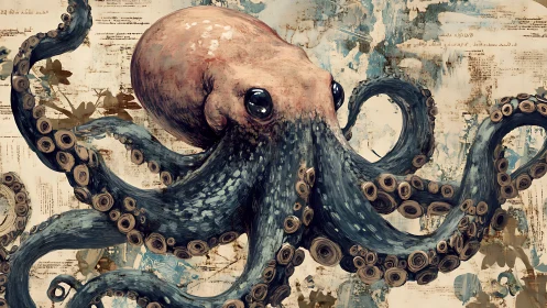 Brush-textured octopus with stylized tentacles over grunge typographic collage