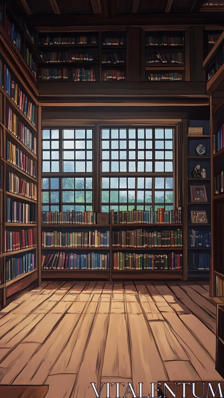 Sunlit library alcove opens onto a tranquil garden view.