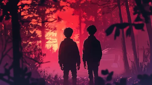Two silhouetted children stand in a red forest glow