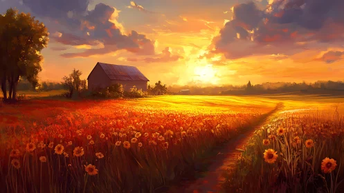 Sunlit flower fields glow warmly around a rustic country barn