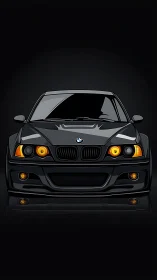 Midnight black BMW front view with glowing amber lights.