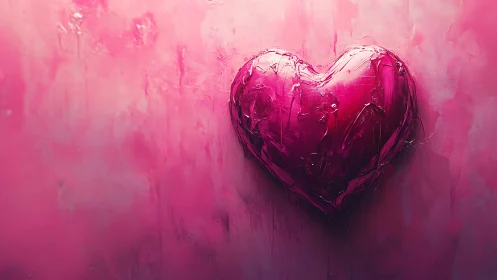 Glossy Crimson Heart Against Pink Textured Background.