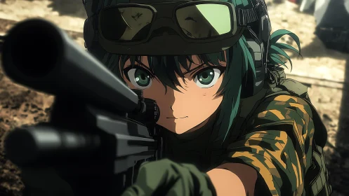 Green-eyed sniper girl locking target in sunlit duststorm.