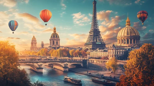Hot air balloons drift above a stylized autumn Paris skyline