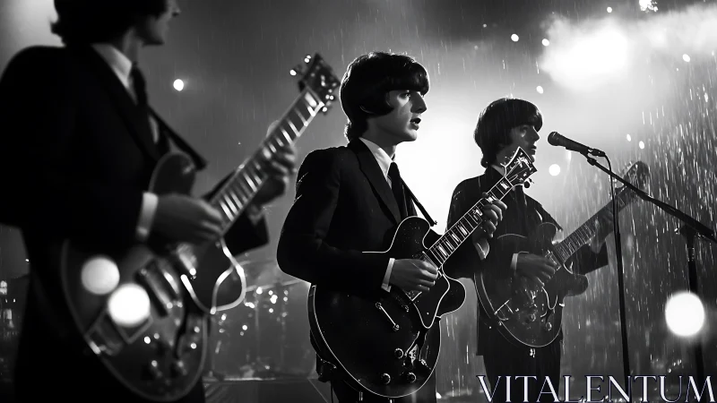 Rainlit retro band ignites a monochrome midnight stage.