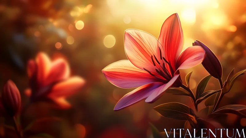 Red Lily Illuminated by Golden Sunlight.