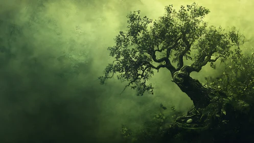 Gnarled mossy tree rendered against atmospheric green depth field