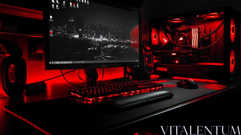 Desktop gaming workstation with red LED lighting setup.