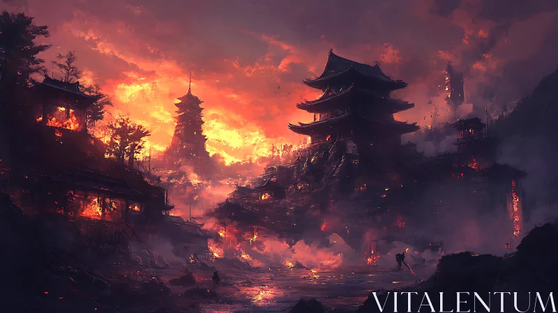 Multi-tiered pagoda complex burns under dense orange sky