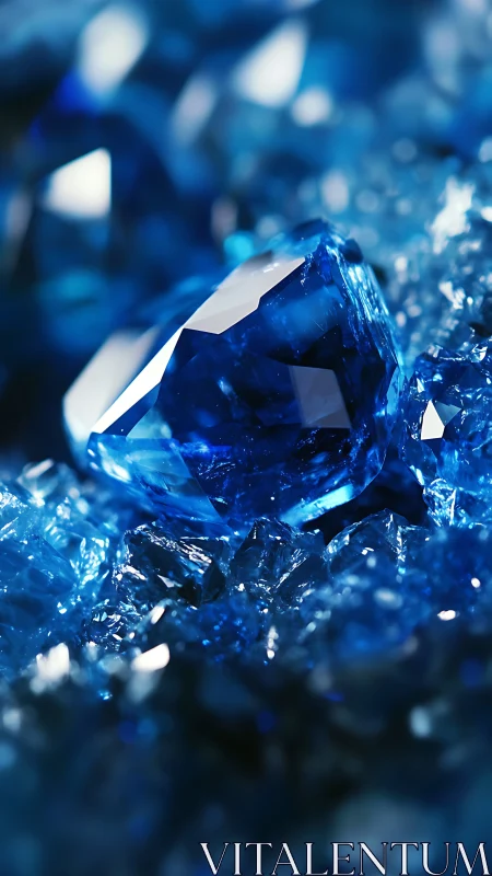 Deep blue gemstone nestles in sparkling crystal bed