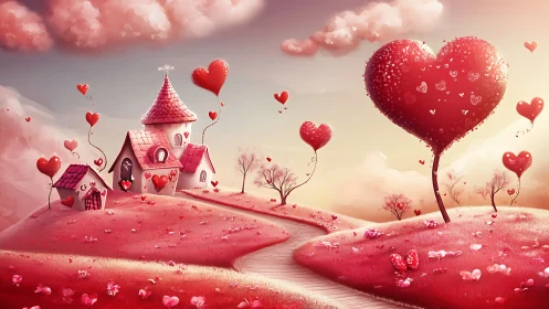 Fantastical landscape features whimsical castle amidst heart-shaped cloud formations