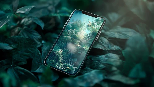 Smartphone screen opens lush digital jungle in leafy bed