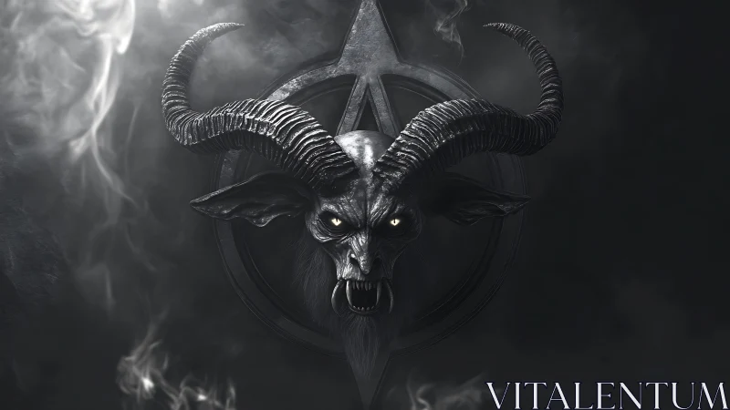 Demonic goat skull with curved horns emerges from pentagram