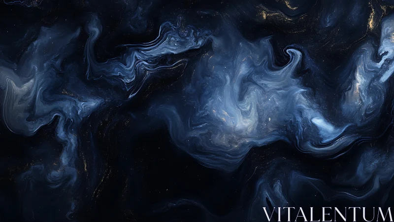 Cosmic nebula swirls in deep indigo with golden flecks.