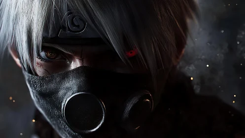 Masked silver-haired warrior portrait in dark atmosphere.