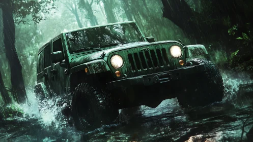 Jeep off road in dense rainforest storm floodwater.