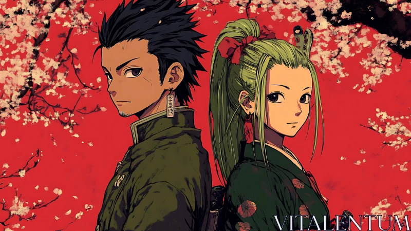 Twin warriors stand calm beneath bold crimson blossoms