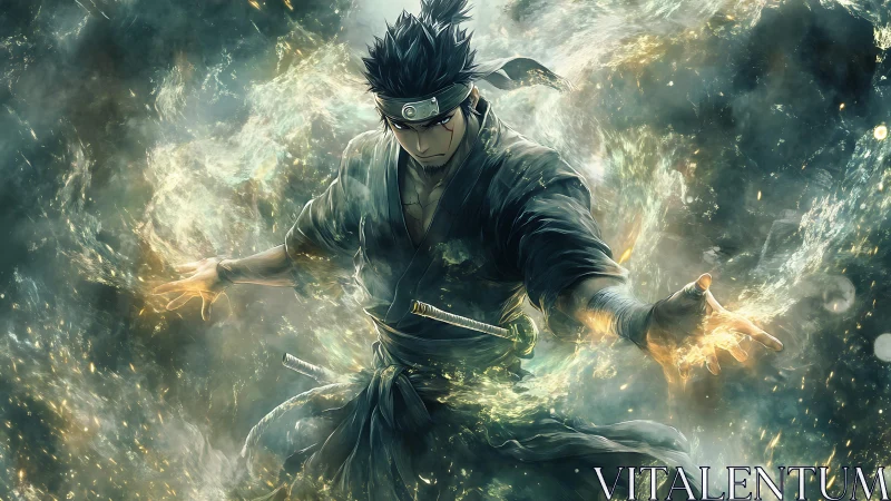 Elemental warrior unleashes swirling mystical energy storm.