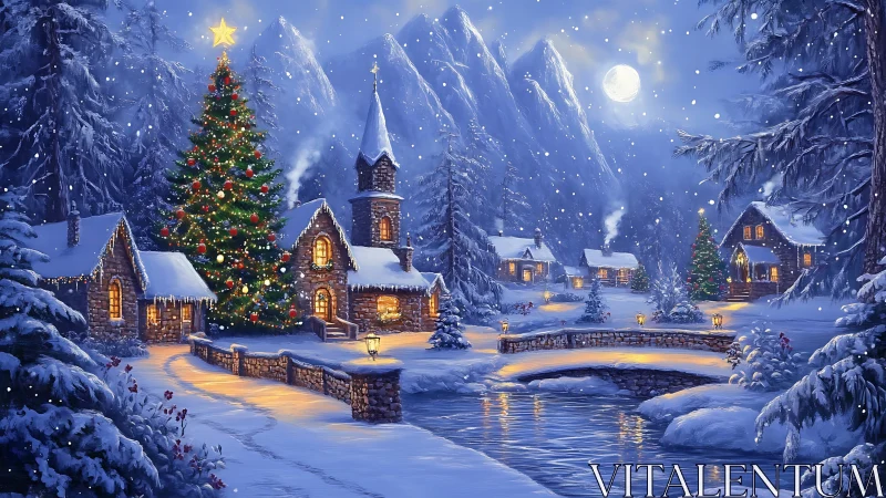Snowy Christmas village with lit tree and stone bridge.