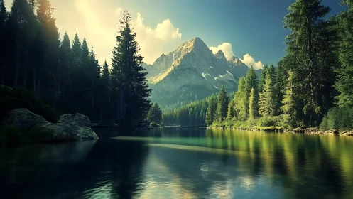 Sunlit alpine lake below dense pine forest and peaks.