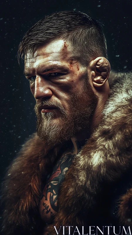 Scarred fighter portrait under falling snow in fur cloak