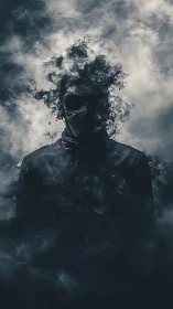 Smokeborn phantom dissolves into stormy monochrome clouds.