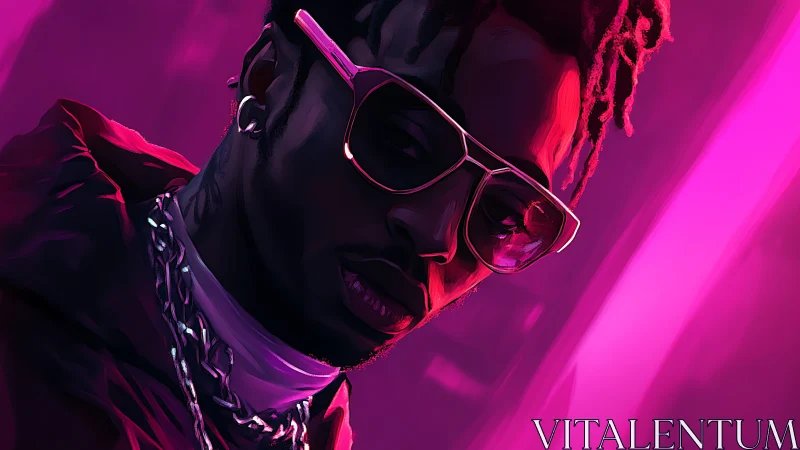 Neon-lit portrait of stylish man in reflective sunglasses.