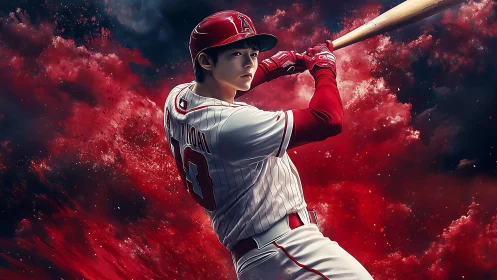 Crimson sky slugger coiled in a storm of painted sparks.