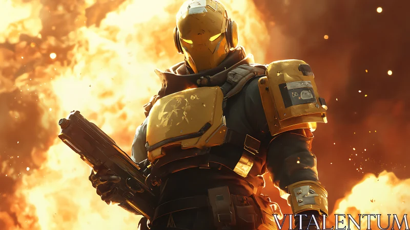 Armored sci fi trooper stands before incendiary explosion