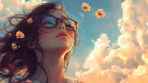 Sunlit woman with glasses in pastel cloudscape digital sky.