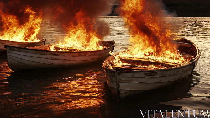 Dramatic Flames Consume Wooden Boats on Tranquil Water