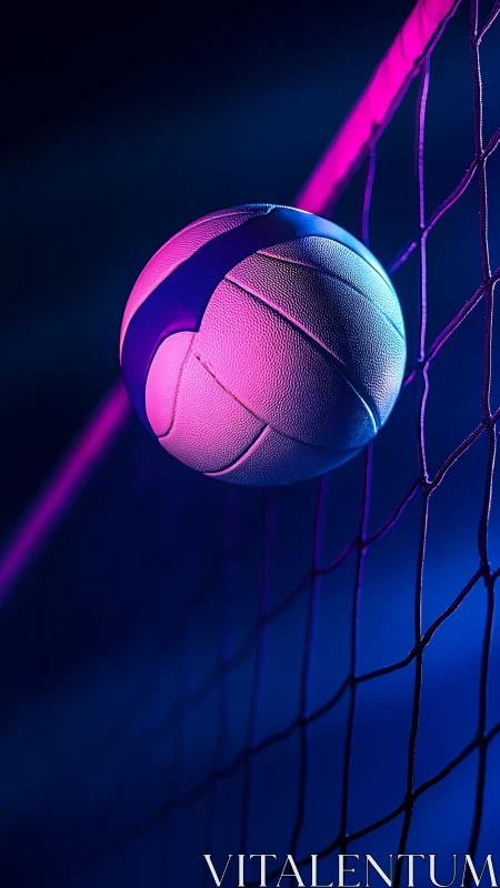 Neon volleyball moment glowing softly on the net at night.