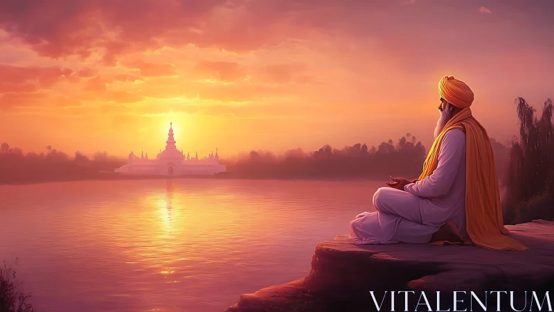 Sunset meditation by river facing luminous distant temple