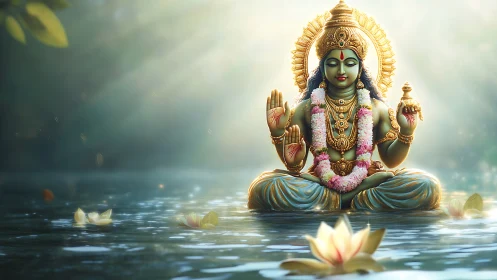 Divine deity statue seated on lotus in glowing water scene.