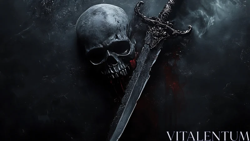 Grim skull and bloodlit blade in shadowed void of night.