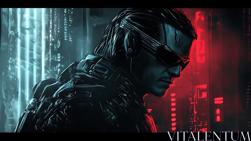 Cyberpunk operative profile in neon-split urban interface portrait.