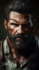 Close-up portrait of rugged bearded male character.