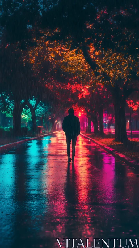 Neon rainwalk under dreaming trees and electric reflections.