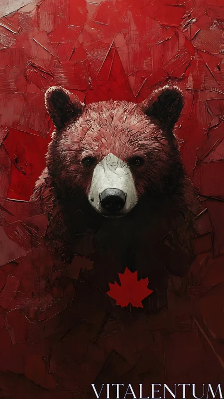 Crimson Canadian bear emerges through shattered maple red.
