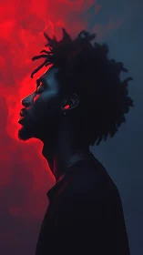 Moody side profile glows warmly in vivid red and blue light