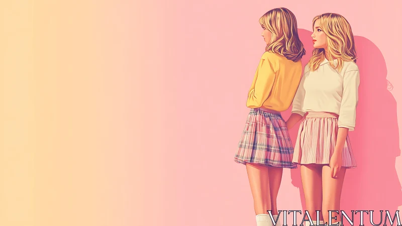 Stylized twin figures in pastel skirts against smooth pink gradient wall