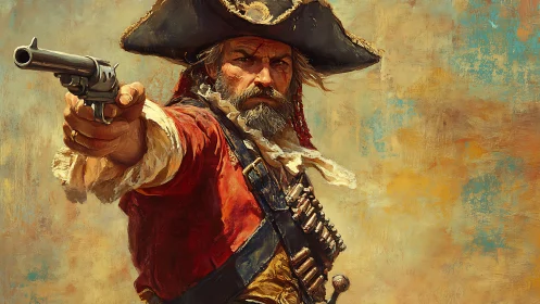 Defiant pirate gunslinger confronts viewer in dusty haze