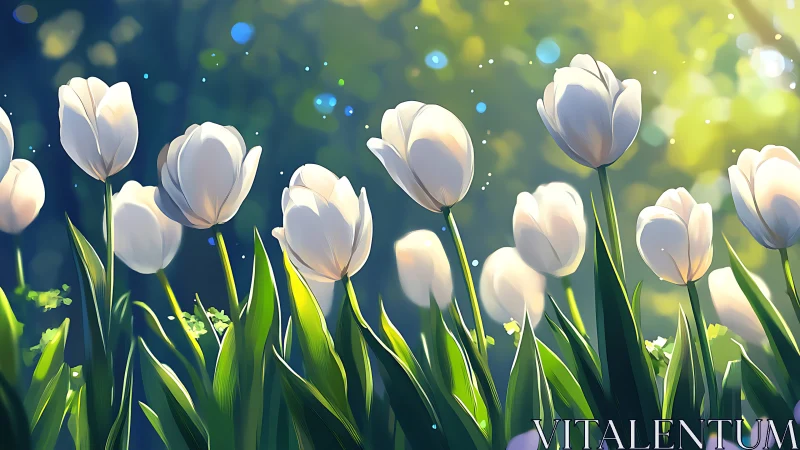 White tulips backlit with soft bokeh and ethereal light