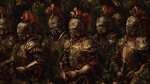 Row of armored knights in ornate gold helmets and plumes.