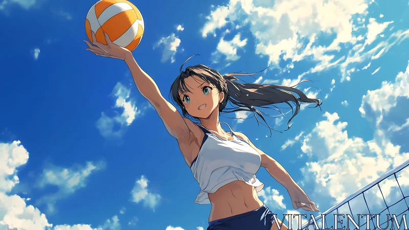 Anime volleyball player reaching for ball under blue sky.
