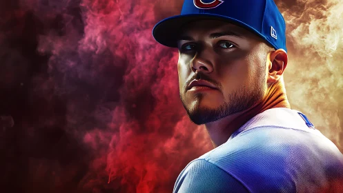 Brooding baseball player crowned in stormy stadium smoke.